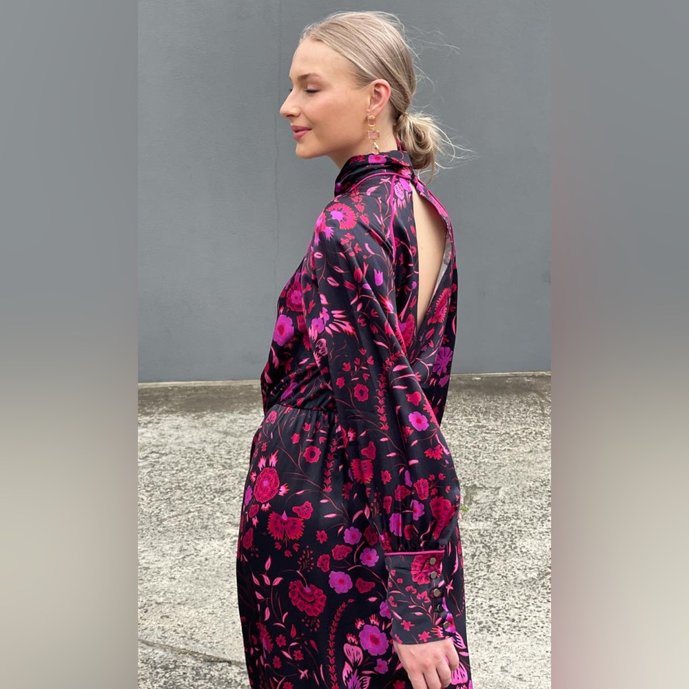 Sabina Musayev NEW ELODIA Long Sleeve Back Cut Out Black Floral Dress Sz S $865 - Picture 7 of 16